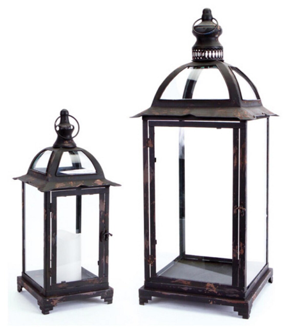 Diva At Home Set of 2 Distressed Black Pillar Candle Lanterns with Curved and Finial Tops 25.25"